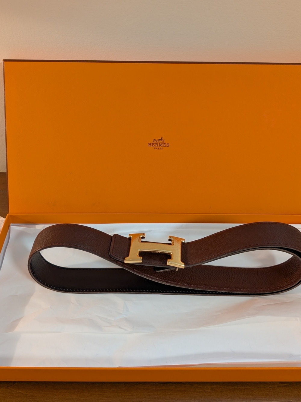 Hermes  Women's Brown Leather Belt with Gold H Buckle